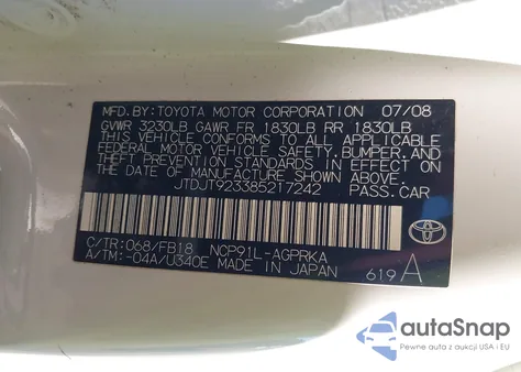 2008 Toyota Yaris z USA, uszkodzony, nr VIN JTDJT923385217242